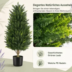 Kunstbaum Zypresse 92 cm Kunstpflanze mit Moos & Zement Gefülltem Topf wetterfest 2 Stücke
