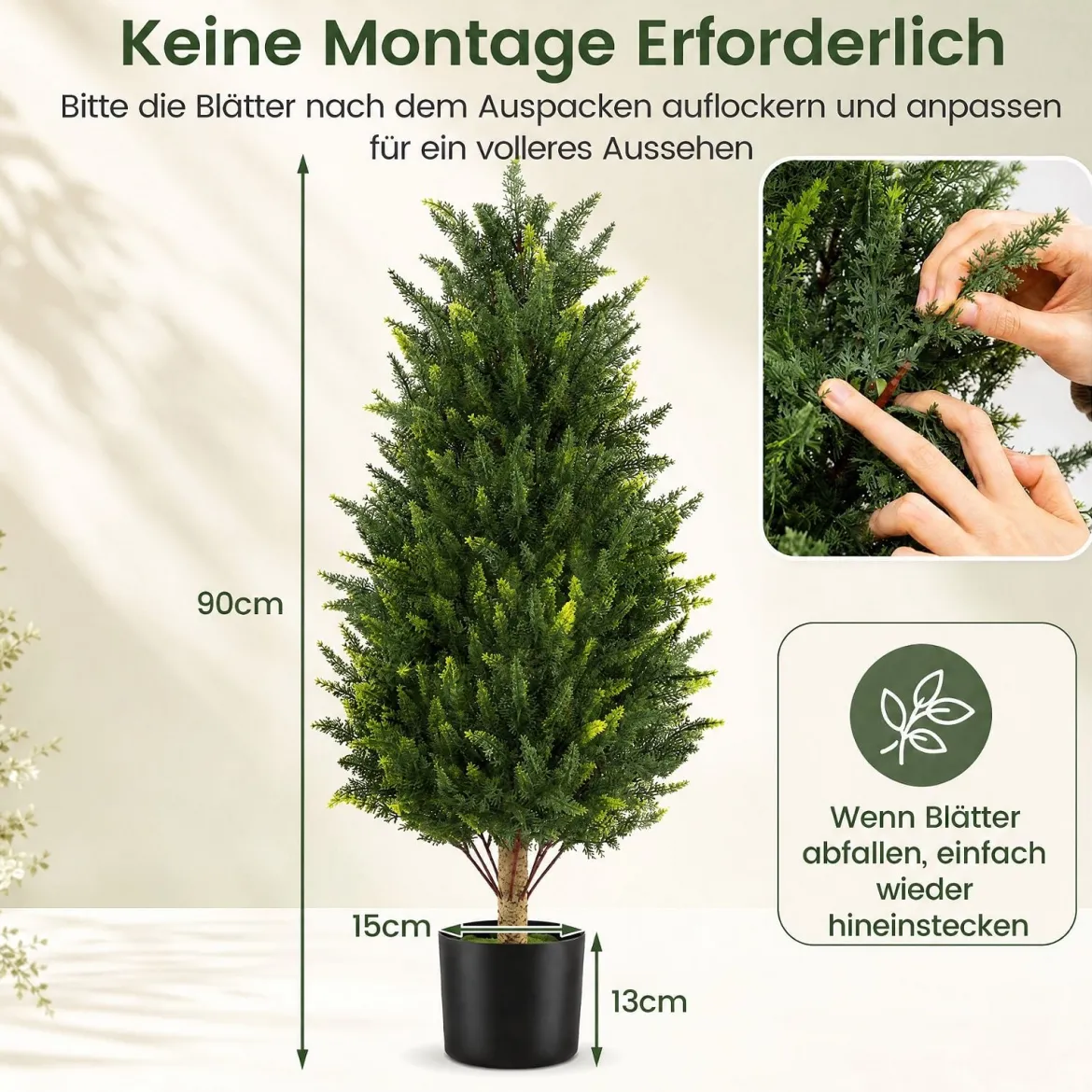 Kunstbaum Zypresse 92 cm Kunstpflanze mit Moos & Zement Gefülltem Topf wetterfest 2 Stücke