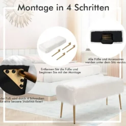 Kunstfell Schminkhocker mit Goldenen Beinen Ottomane für Eingangsbereich & Schlafzimmer Weiß