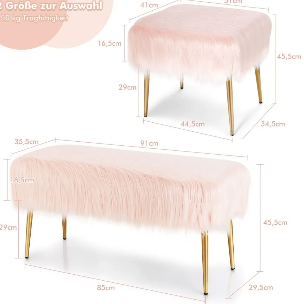 Kunstfell Schminkhocker Ottomane Sitzbank mit goldenen Beinen Sitzhocker Rosa 51 x 41 cm