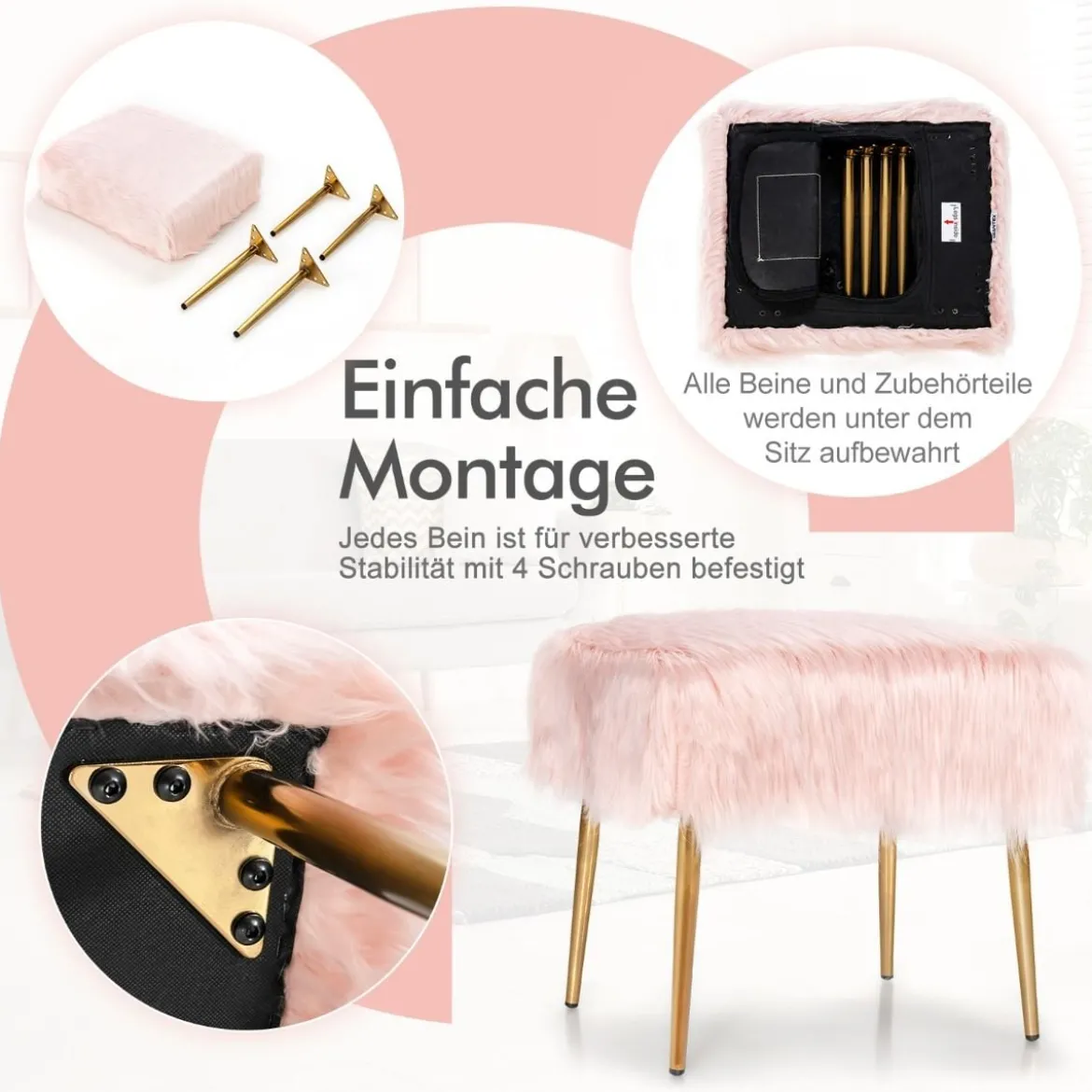 Kunstfell Schminkhocker Ottomane Sitzbank mit goldenen Beinen Sitzhocker Rosa 51 x 41 cm
