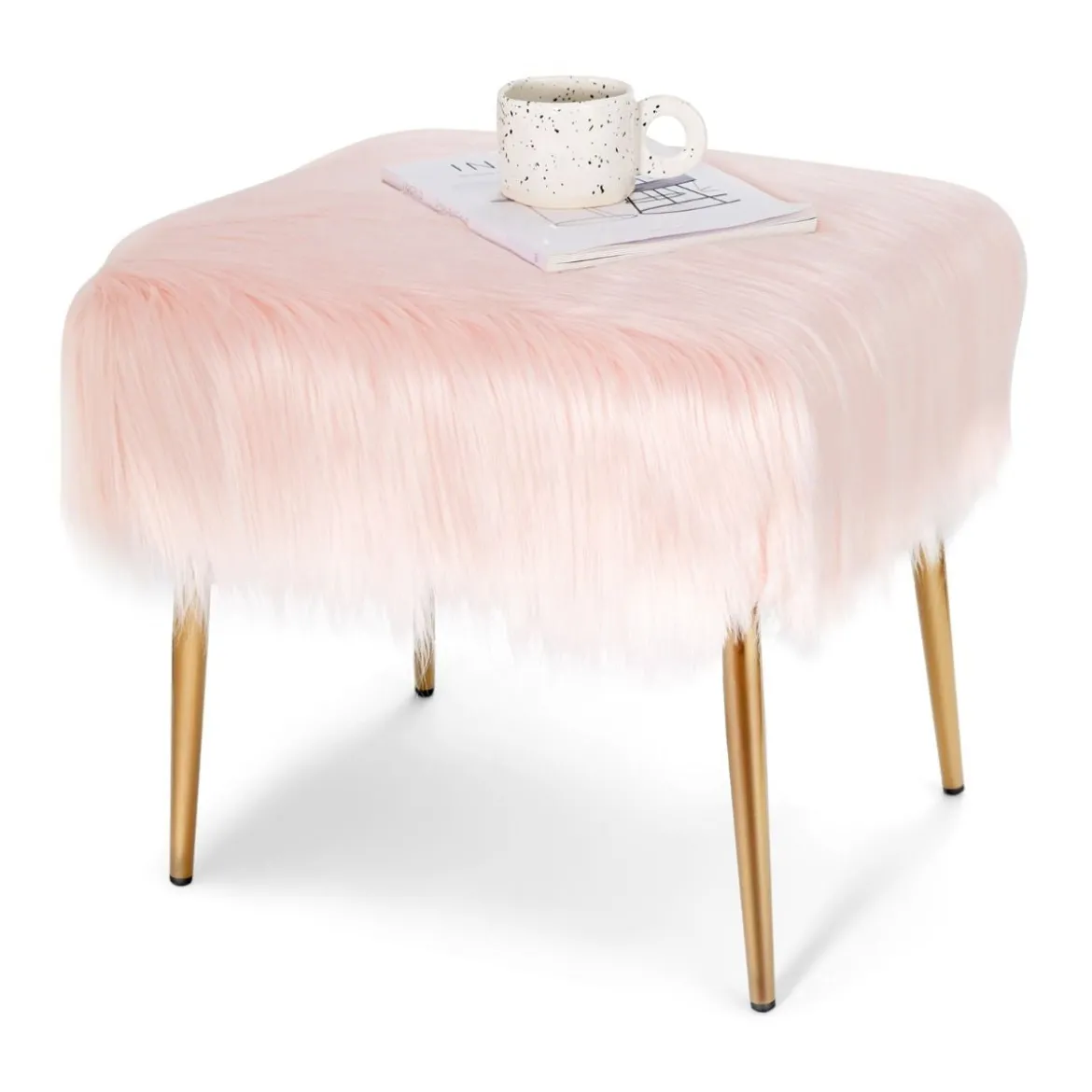 Kunstfell Schminkhocker Ottomane Sitzbank mit goldenen Beinen Sitzhocker Rosa 51 x 41 cm