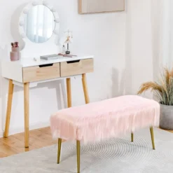 Kunstfell Schminkhocker Ottomane Sitzbank mit goldenen Beinen Sitzhocker Rosa 91 x 35,5 cm