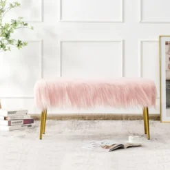 Kunstfell Schminkhocker Ottomane Sitzbank mit goldenen Beinen Sitzhocker Rosa 91 x 35,5 cm