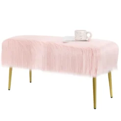 Kunstfell Schminkhocker Ottomane Sitzbank mit goldenen Beinen Sitzhocker Rosa 91 x 35,5 cm