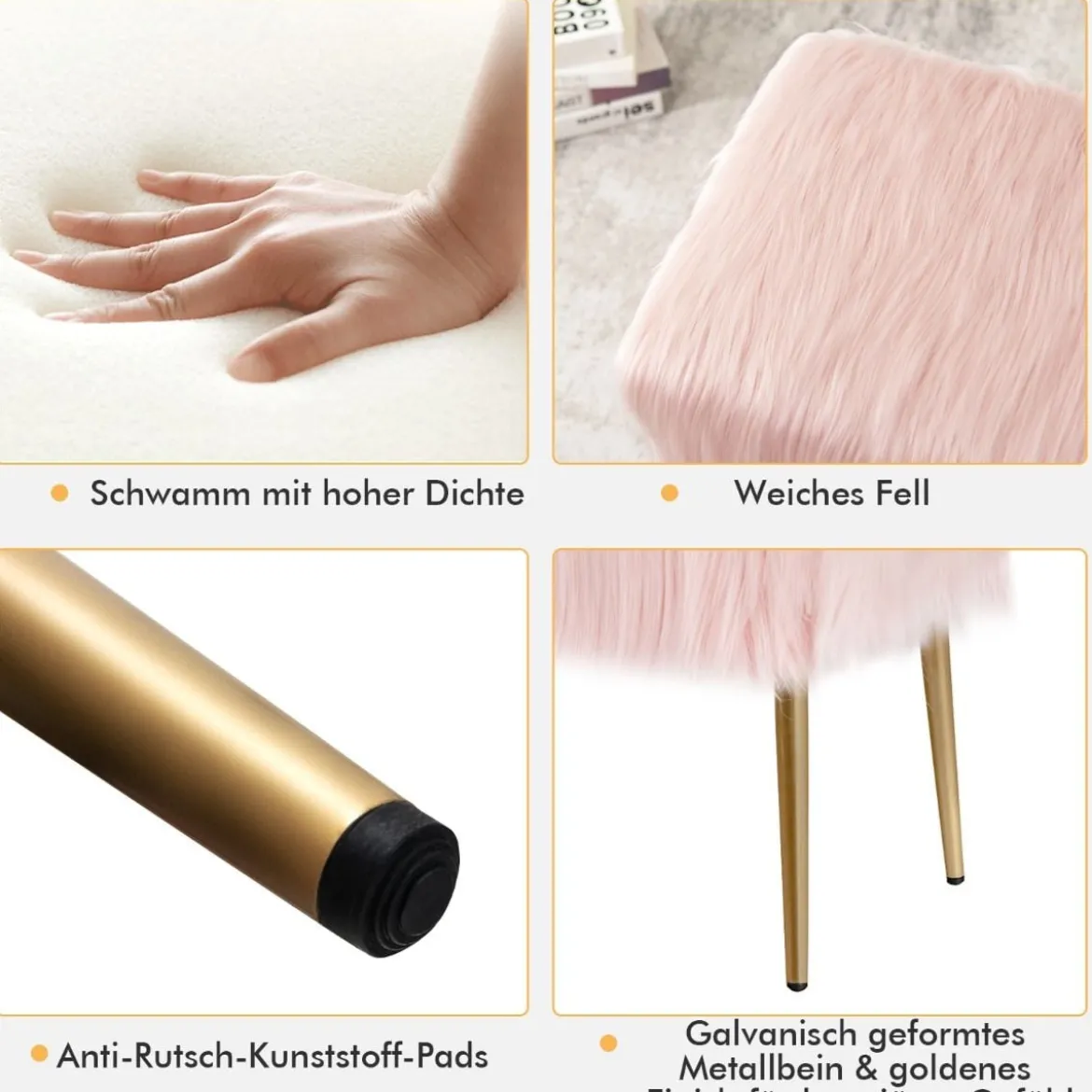Kunstfell Schminkhocker Ottomane Sitzbank mit goldenen Beinen Sitzhocker Rosa 91 x 35,5 cm