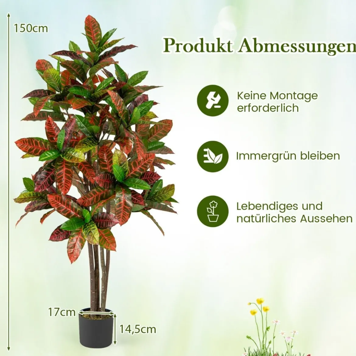Kunstpflanze 150cm Künstliche Pflanze Kroton Palmenbaum mit bunten Blättern