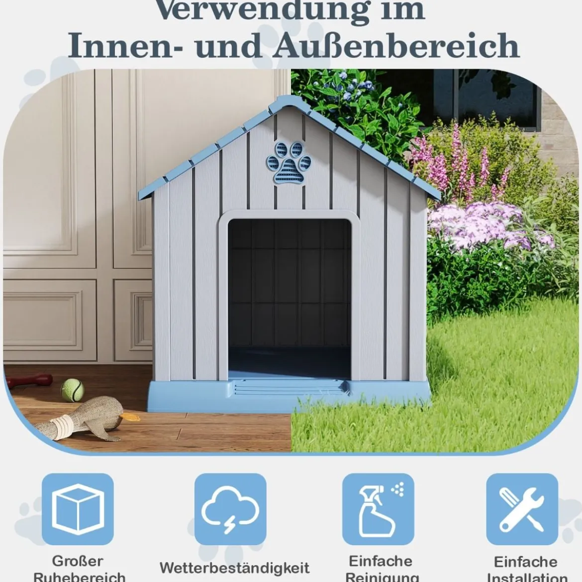 Kunststoff-Hundehütte für kleine und mittelgroße Hunde wasserfest und isoliert Indoor- und Outdoor-Hundehütte Blau