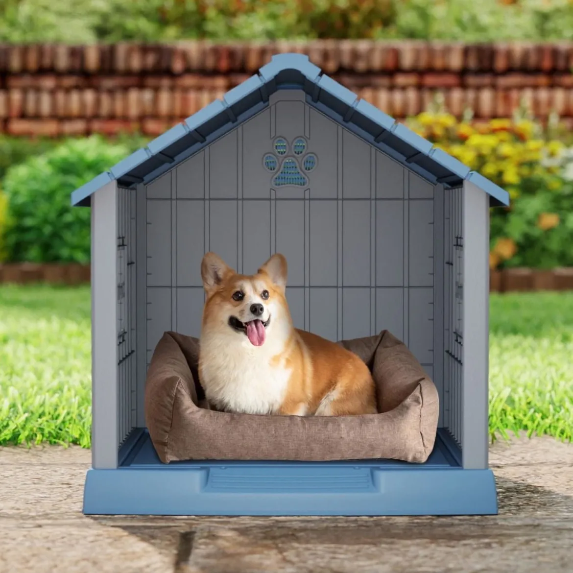 Kunststoff-Hundehütte für kleine und mittelgroße Hunde wasserfest und isoliert Indoor- und Outdoor-Hundehütte Blau