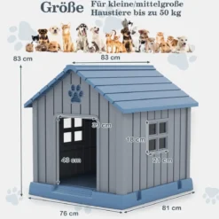 Kunststoff-Hundehütte für kleine und mittelgroße Hunde wasserfest und isoliert Indoor- und Outdoor-Hundehütte Blau