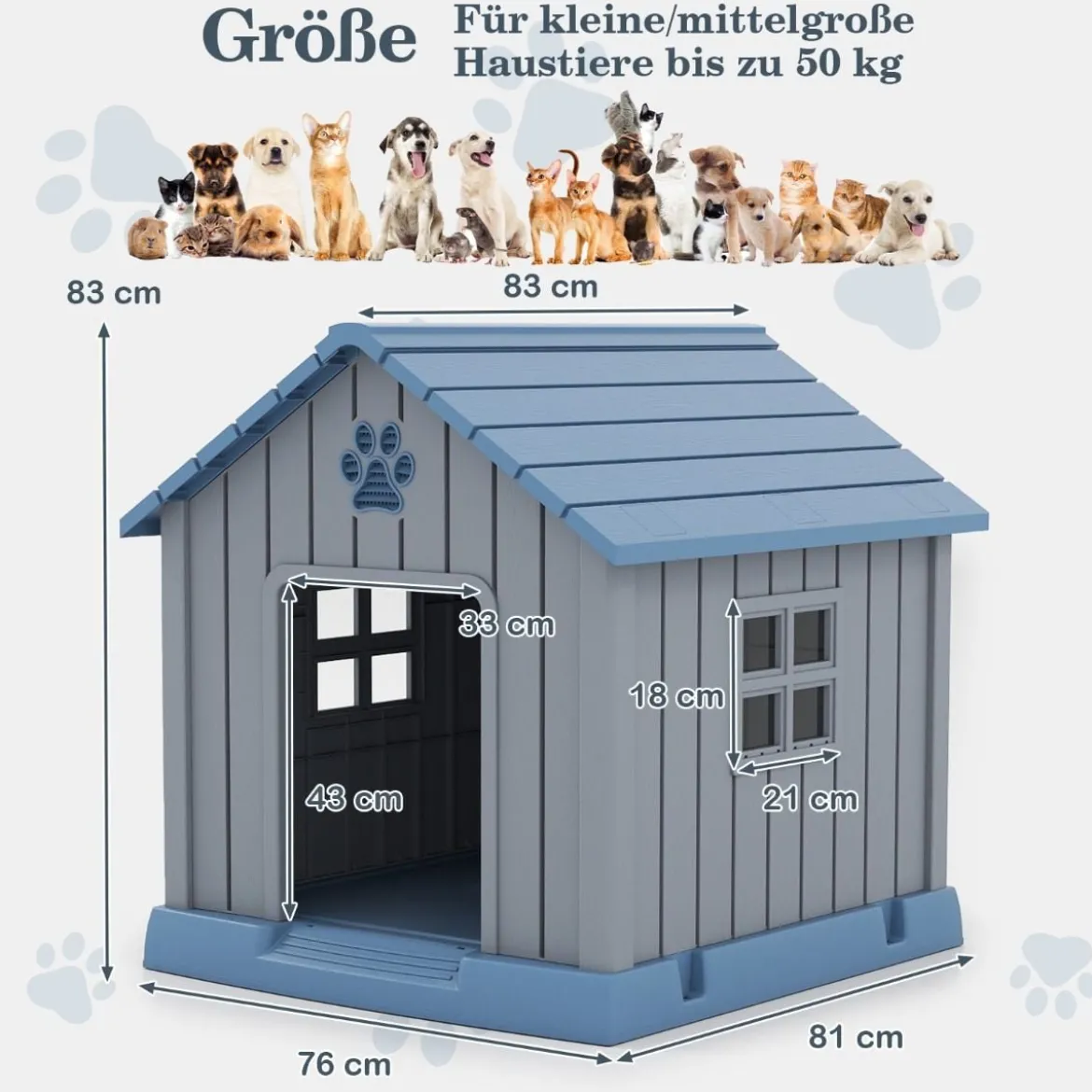 Kunststoff-Hundehütte für kleine und mittelgroße Hunde wasserfest und isoliert Indoor- und Outdoor-Hundehütte Blau
