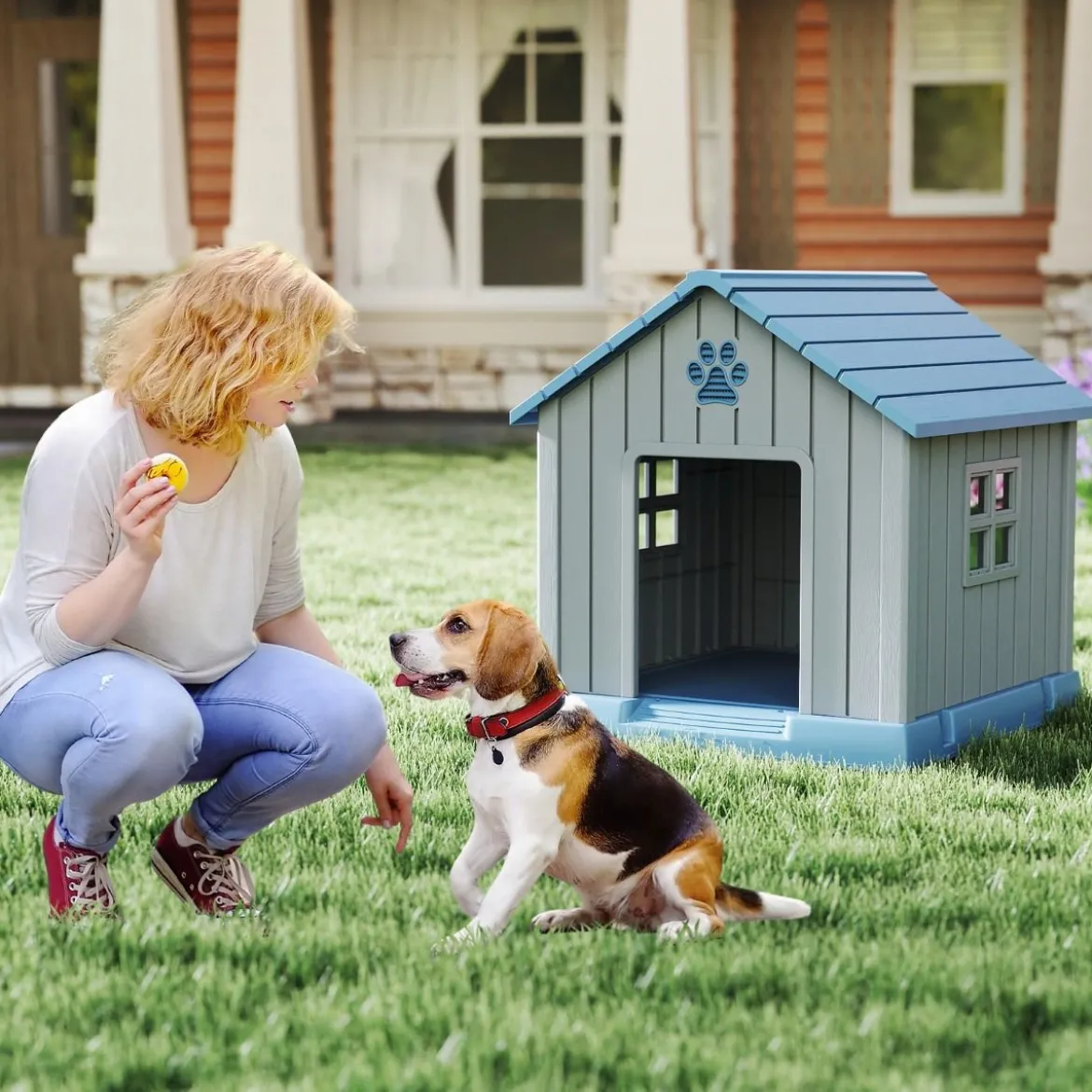 Kunststoff-Hundehütte für kleine und mittelgroße Hunde wasserfest und isoliert Indoor- und Outdoor-Hundehütte Blau