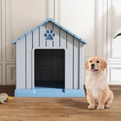 Kunststoff-Hundehütte für kleine und mittelgroße Hunde wasserfest und isoliert Indoor- und Outdoor-Hundehütte Blau