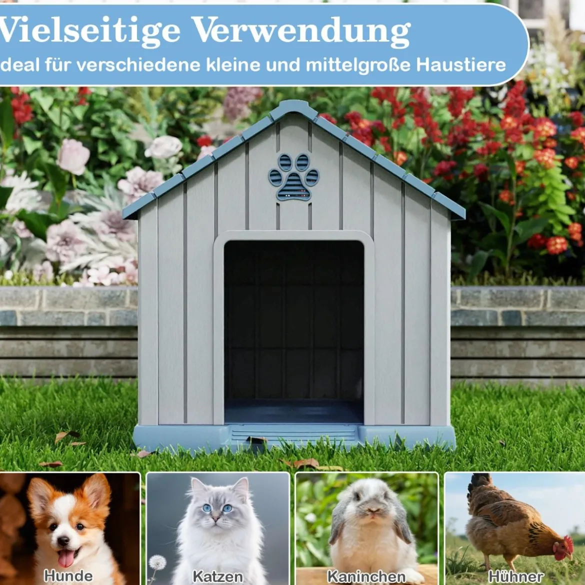 Kunststoff-Hundehütte für kleine und mittelgroße Hunde wasserfest und isoliert Indoor- und Outdoor-Hundehütte Blau