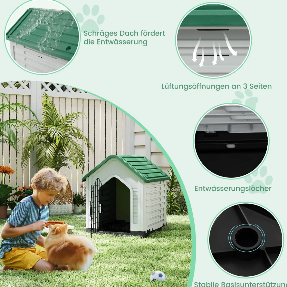 Kunststoff-Hundehütte Tierunterkunft mit abschließbarer Metalltür Belüftungsschlitzen & geneigtem Dach