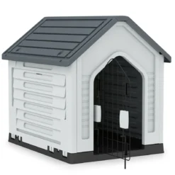 Kunststoff-Hundehütte Tierunterkunft mit abschließbarer Metalltür Belüftungsschlitzen & geneigtem Dach
