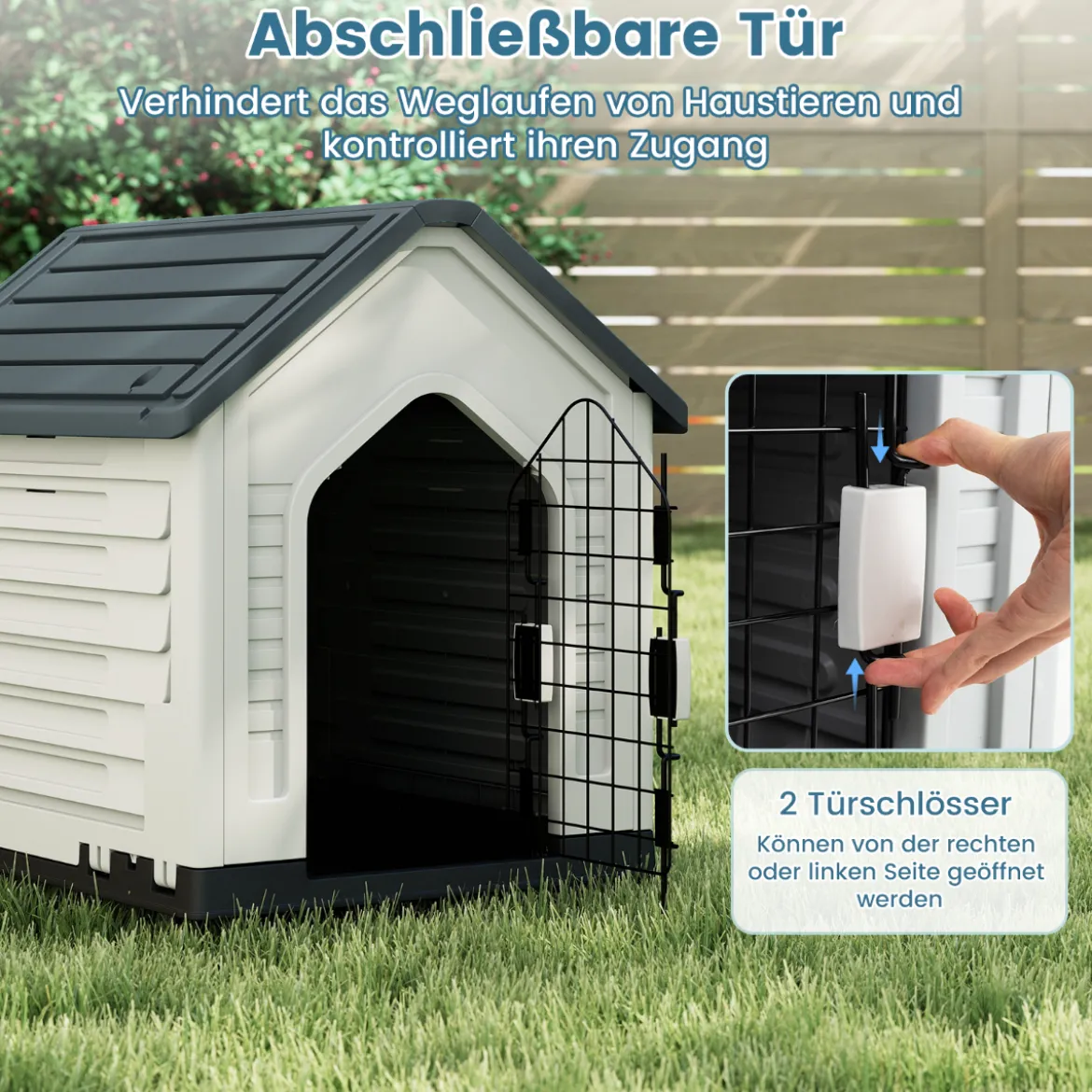 Kunststoff-Hundehütte Tierunterkunft mit abschließbarer Metalltür Belüftungsschlitzen & geneigtem Dach