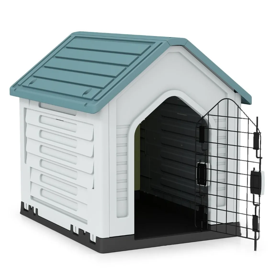 Kunststoff-Hundehütte Tierunterkunft mit abschließbarer Metalltür Belüftungsschlitzen & geneigtem Dach