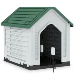 Kunststoff-Hundehütte Tierunterkunft mit abschließbarer Metalltür Belüftungsschlitzen & geneigtem Dach