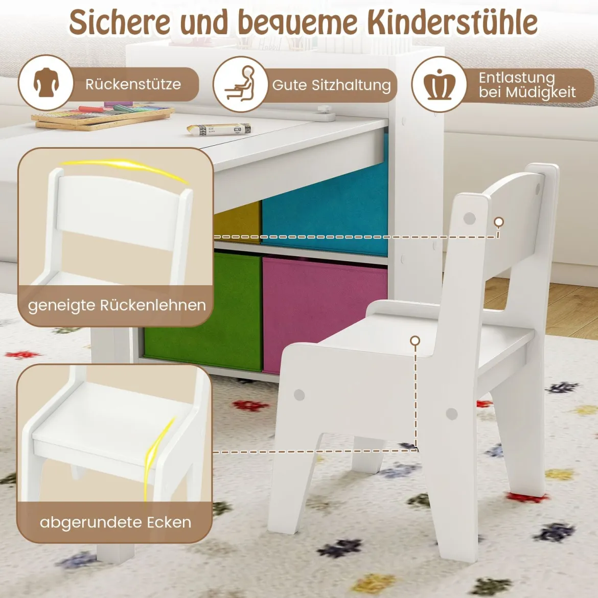Kunsttisch- und Stuhlset für Kinder Zeichentisch mit 2 Stühlen Papierrolle und Papierrollenhalter Grau/Natur/Weiß