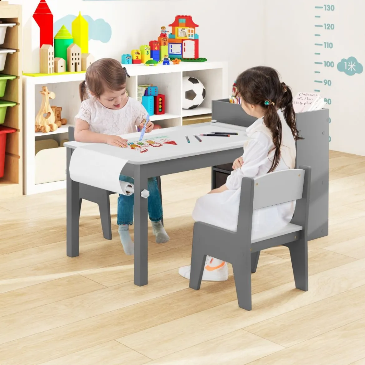 Kunsttisch- und Stuhlset für Kinder Zeichentisch mit 2 Stühlen Papierrolle und Papierrollenhalter Grau/Natur/Weiß