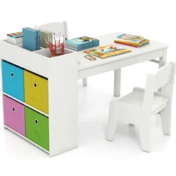 Kunsttisch- und Stuhlset für Kinder Zeichentisch mit 2 Stühlen Papierrolle und Papierrollenhalter Grau/Natur/Weiß