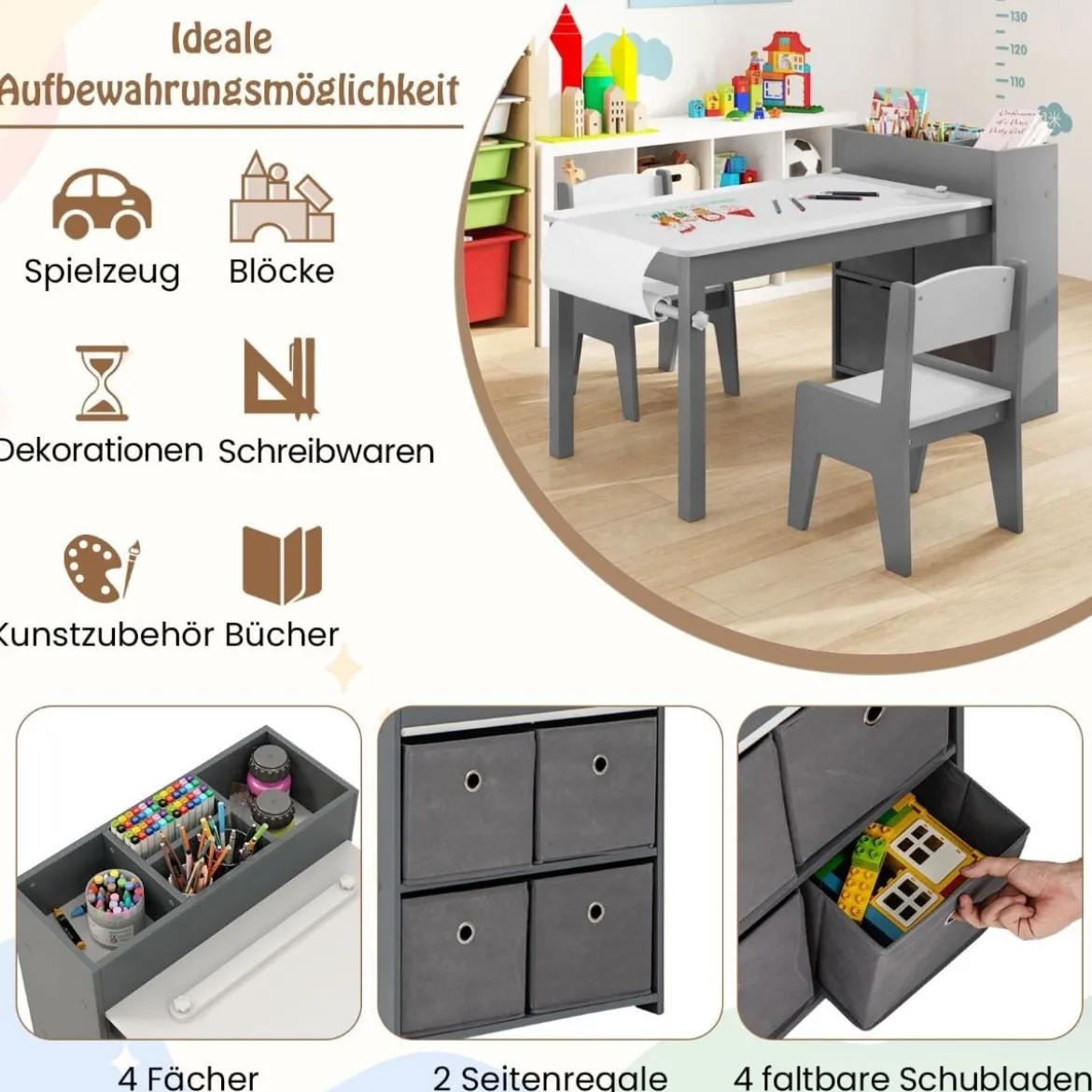 Kunsttisch- und Stuhlset für Kinder Zeichentisch mit 2 Stühlen Papierrolle und Papierrollenhalter Grau/Natur/Weiß