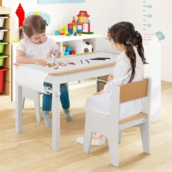 Kunsttisch- und Stuhlset für Kinder Zeichentisch mit 2 Stühlen Papierrolle und Papierrollenhalter Grau/Natur/Weiß