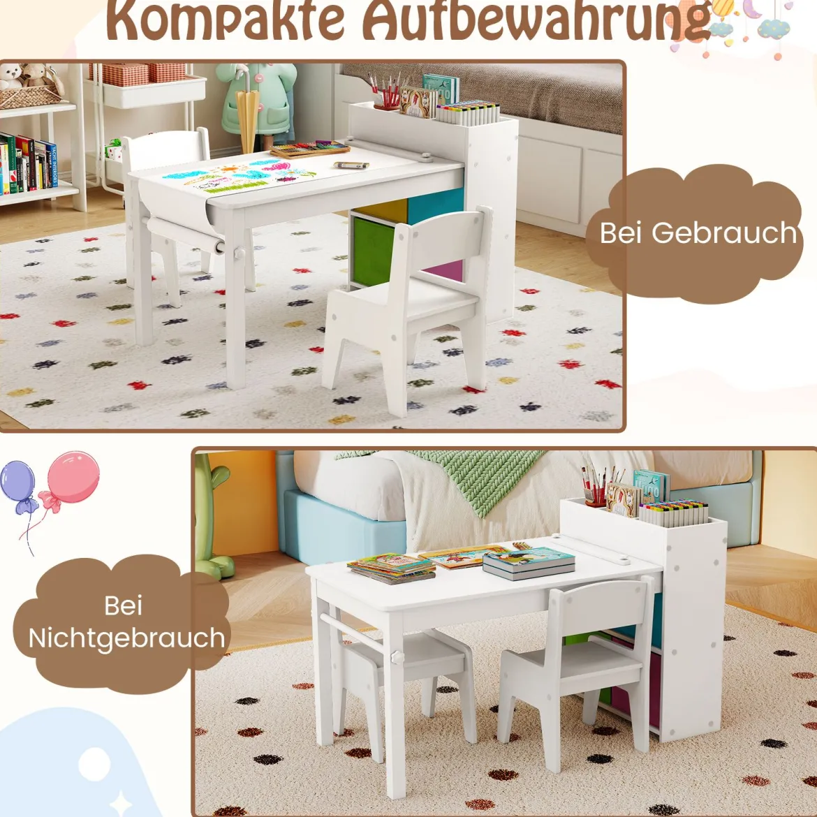 Kunsttisch- und Stuhlset für Kinder Zeichentisch mit 2 Stühlen Papierrolle und Papierrollenhalter Grau/Natur/Weiß