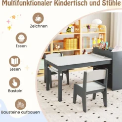 Kunsttisch- und Stuhlset für Kinder Zeichentisch mit 2 Stühlen Papierrolle und Papierrollenhalter Grau/Natur/Weiß