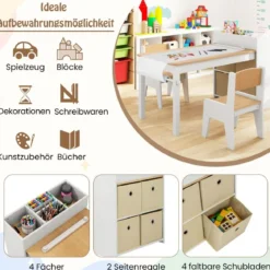Kunsttisch- und Stuhlset für Kinder Zeichentisch mit 2 Stühlen Papierrolle und Papierrollenhalter Grau/Natur/Weiß