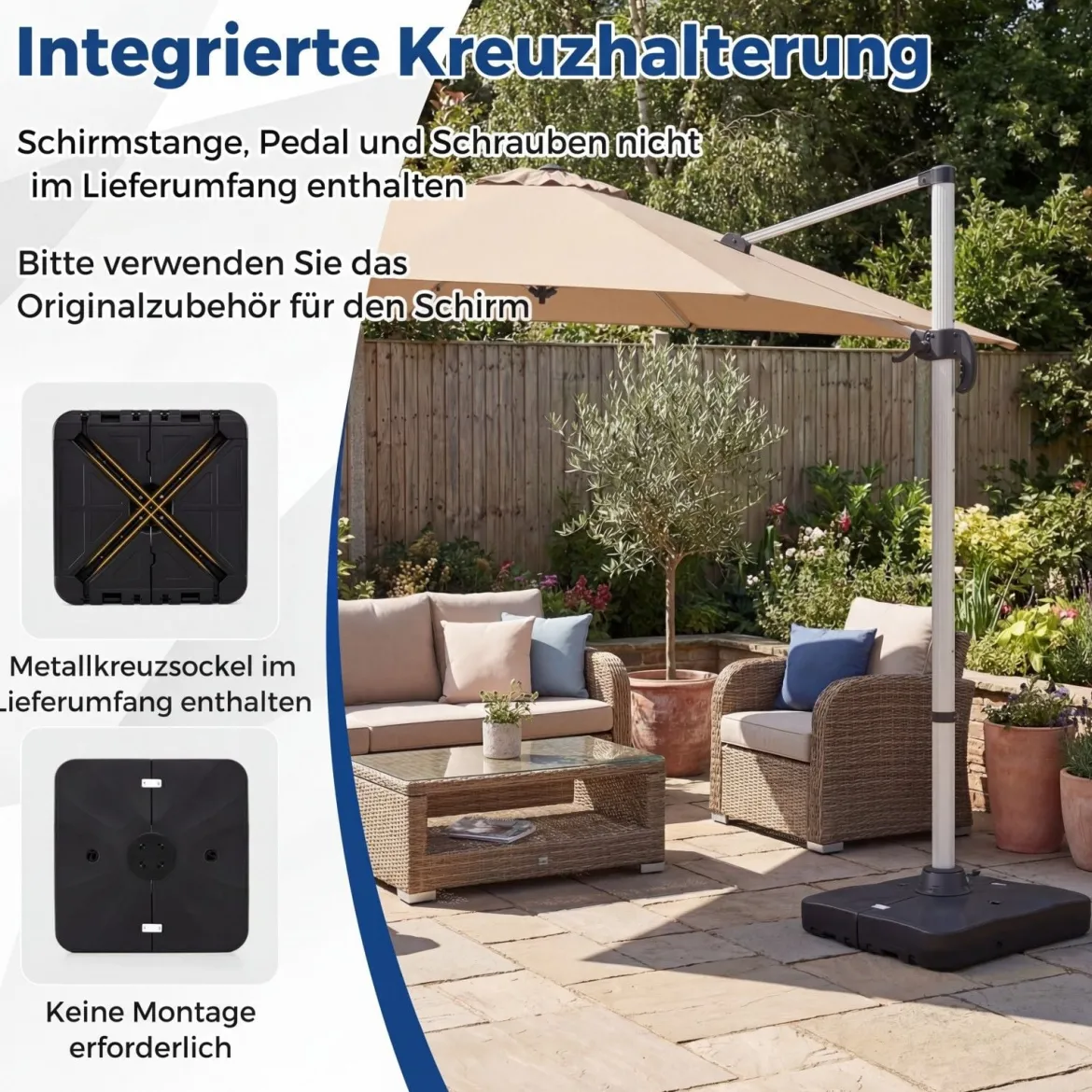 Kurbelschirmständer mit Rollen HDPE 105cm quadratisch füllbar für Garten Terrasse Poolbereich Schwarz