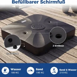Kurbelschirmständer mit Rollen HDPE 105cm quadratisch füllbar für Garten Terrasse Poolbereich Schwarz