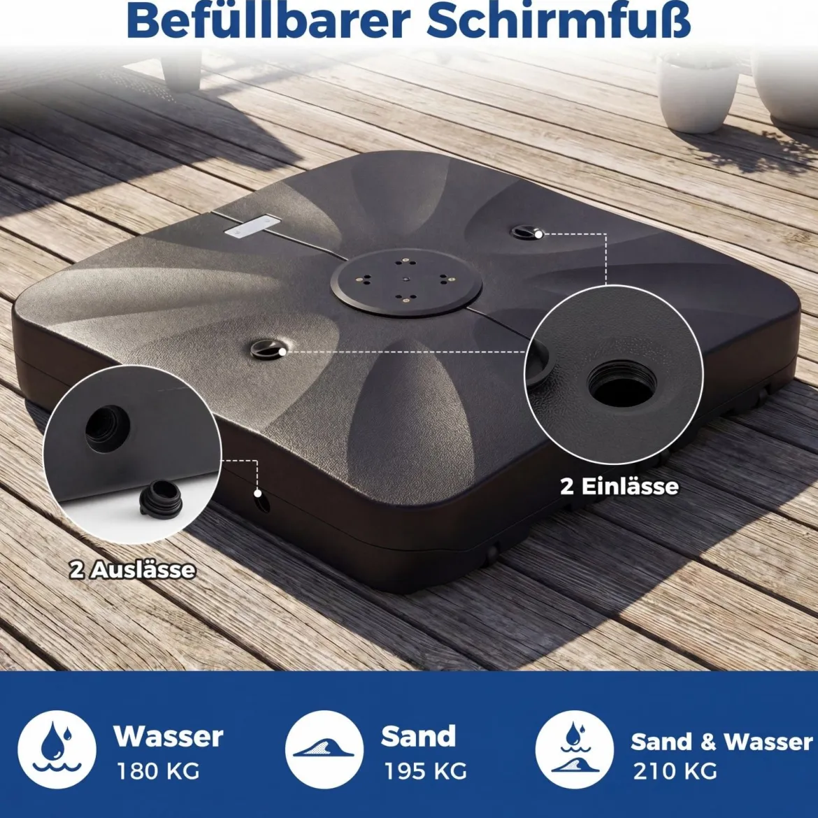 Kurbelschirmständer mit Rollen HDPE 105cm quadratisch füllbar für Garten Terrasse Poolbereich Schwarz