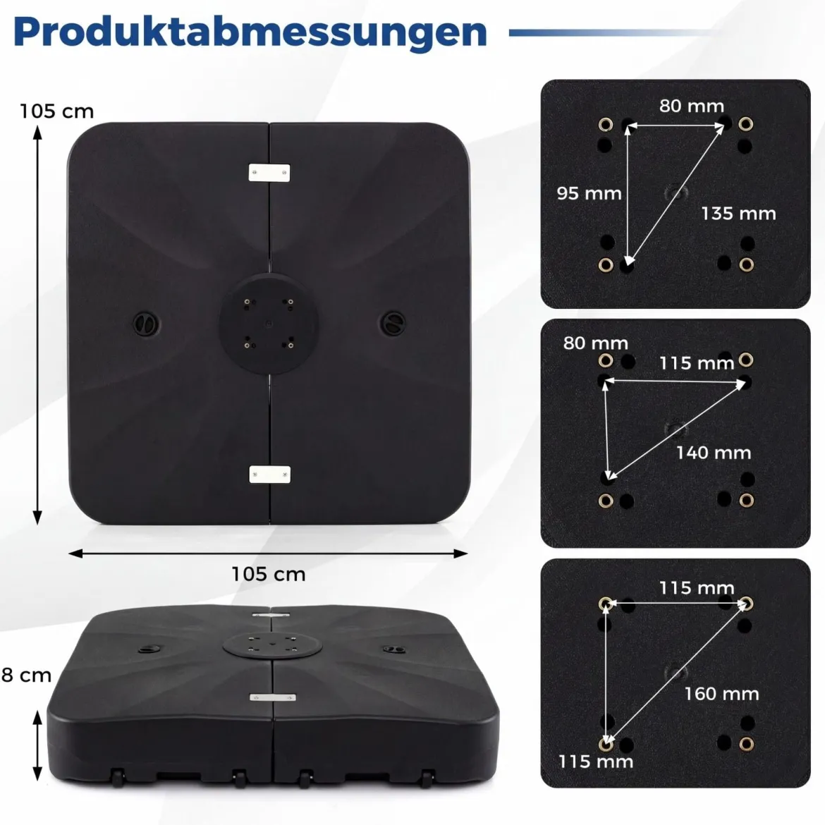 Kurbelschirmständer mit Rollen HDPE 105cm quadratisch füllbar für Garten Terrasse Poolbereich Schwarz