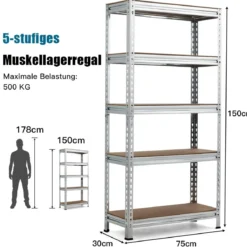 Lagerregal mit 5 Verstellbare Ablagen Schwerlastregal bis 500 kg Belastbar 150 x 75 x 30 cm