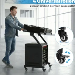 2-lagiges Professionelles Audio Rack mit Verstellbaren Querstreben & Abschließbaren Rollen Audioständer
