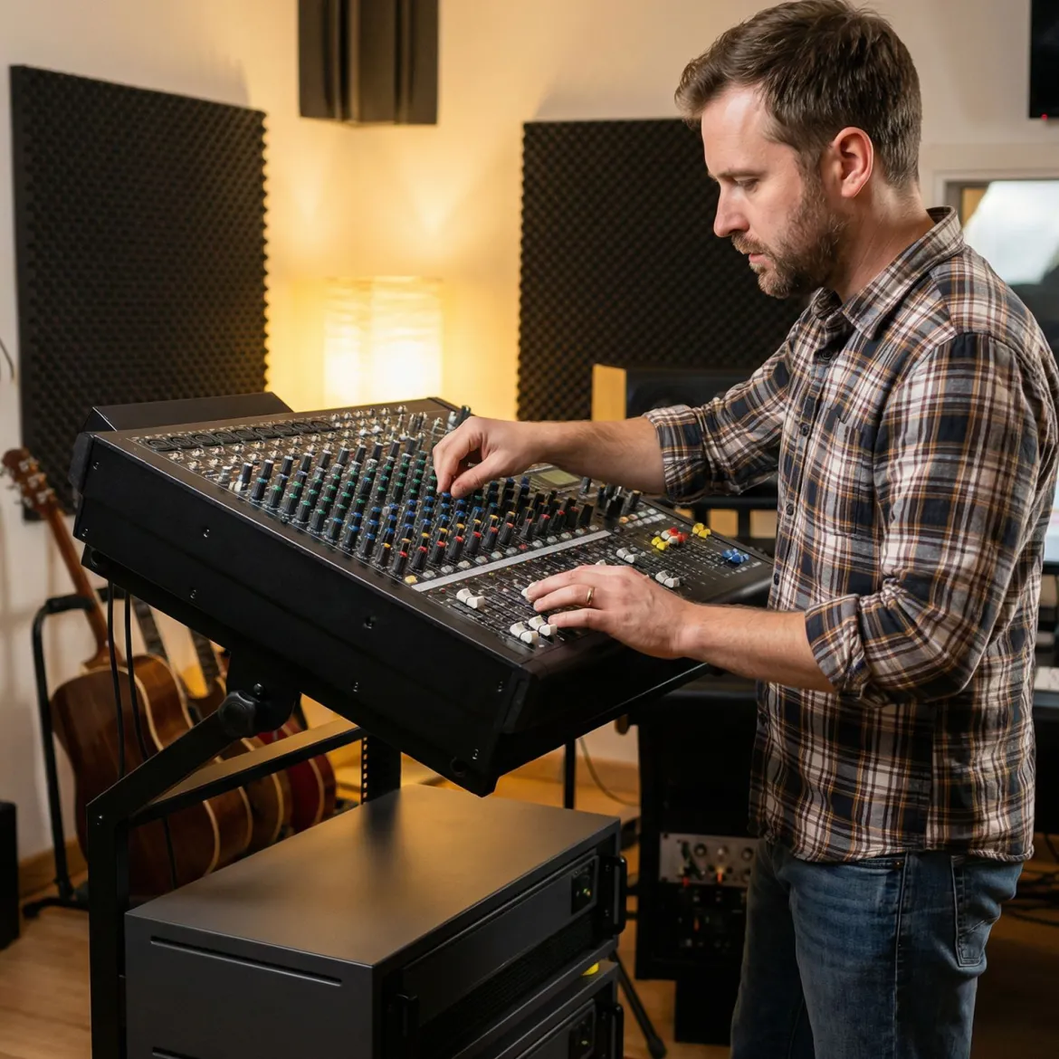 2-lagiges Professionelles Audio Rack mit Verstellbaren Querstreben & Abschließbaren Rollen Audioständer