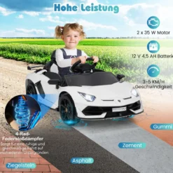 Lamborghini Elektroauto für Kinder Kinderfahrzeug mit 2,4G Fernbedienung & LED Scheinwerfer Elektrofahrzeug Weiß
