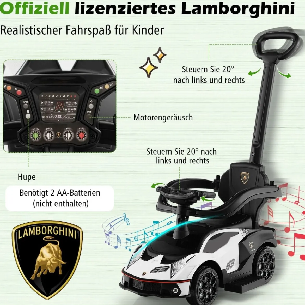 Lamborghini Rutschauto Rutschfahrzeug mit Schiebstange & Stauraum Schiebeauto mit Lenkrad Weiß