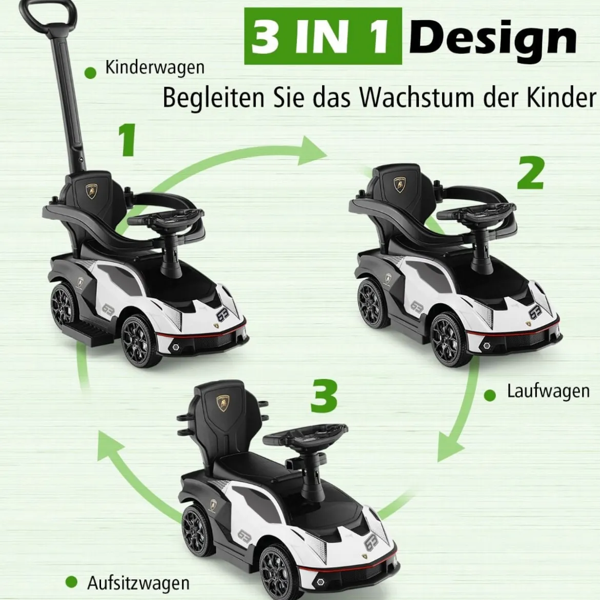Lamborghini Rutschauto Rutschfahrzeug mit Schiebstange & Stauraum Schiebeauto mit Lenkrad Weiß