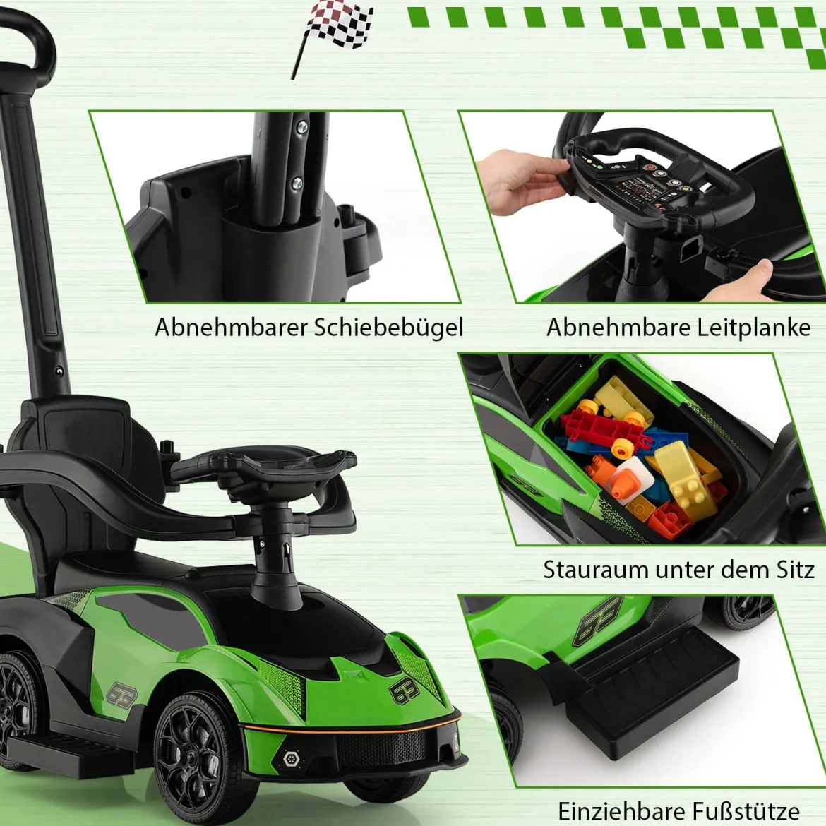 Lamborghini Rutschauto Rutschfahrzeug mit Schiebstange & Stauraum Schiebeauto mit Lenkrad Grün