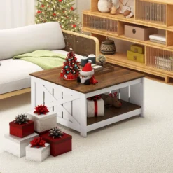 Landhaus Couchtisch 78 cm quadratischer Couchtisch mit Ablagefach 2-stöckiger Vintage Tisch Weiß & Braun