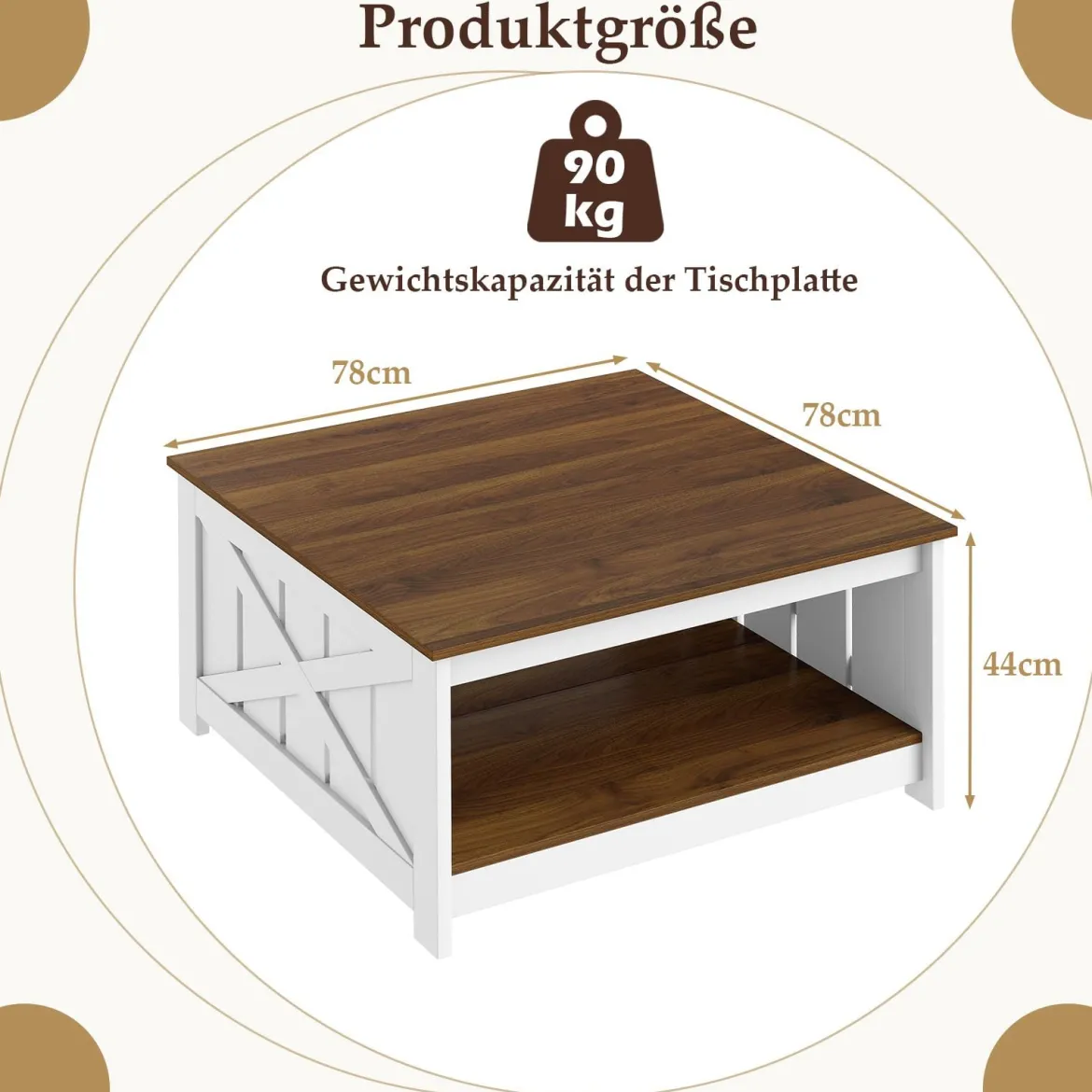Landhaus Couchtisch 78 cm quadratischer Couchtisch mit Ablagefach 2-stöckiger Vintage Tisch Weiß & Braun