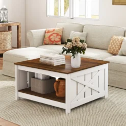 Landhaus Couchtisch 78 cm quadratischer Couchtisch mit Ablagefach 2-stöckiger Vintage Tisch Weiß & Braun