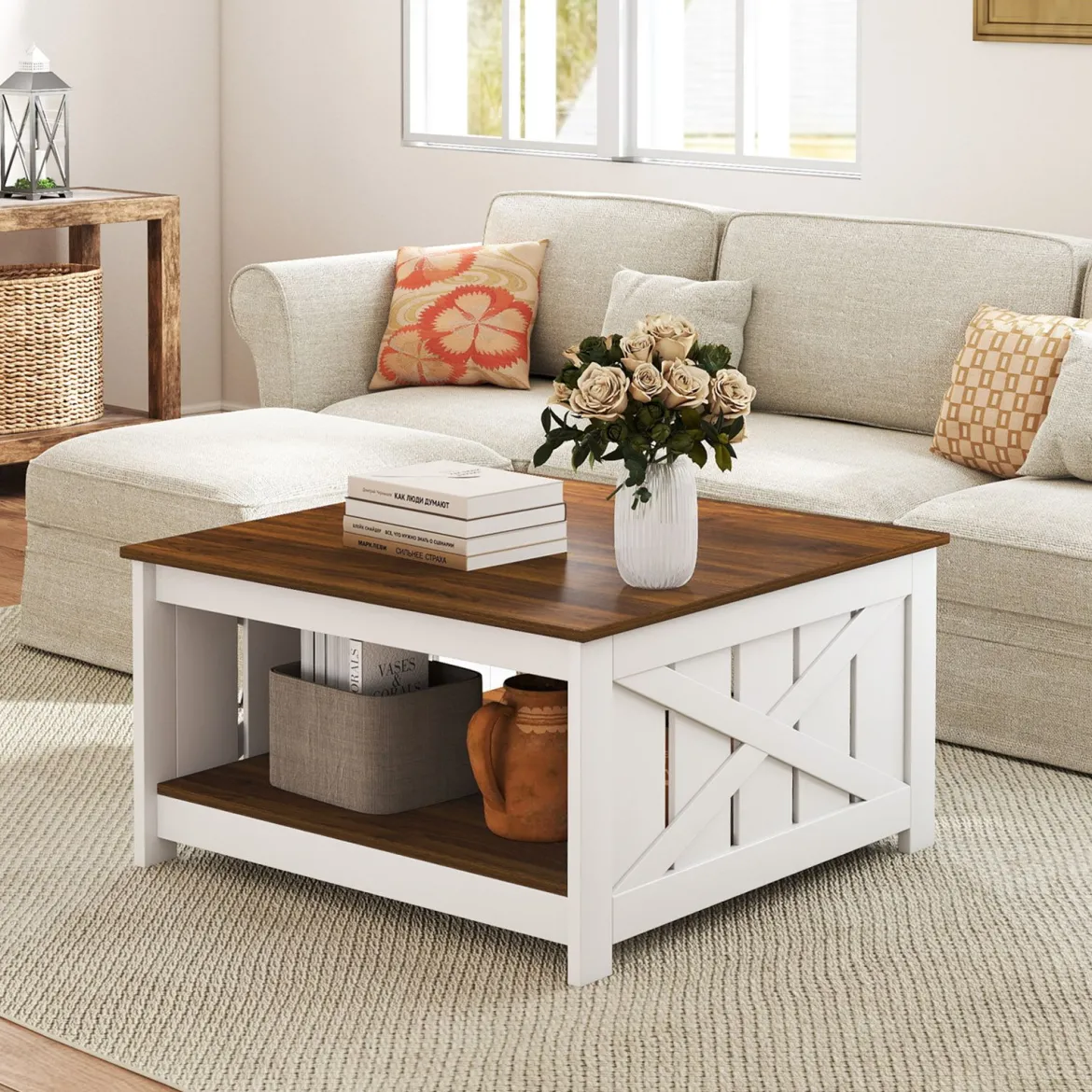 Landhaus Couchtisch 78 cm quadratischer Couchtisch mit Ablagefach 2-stöckiger Vintage Tisch Weiß & Braun