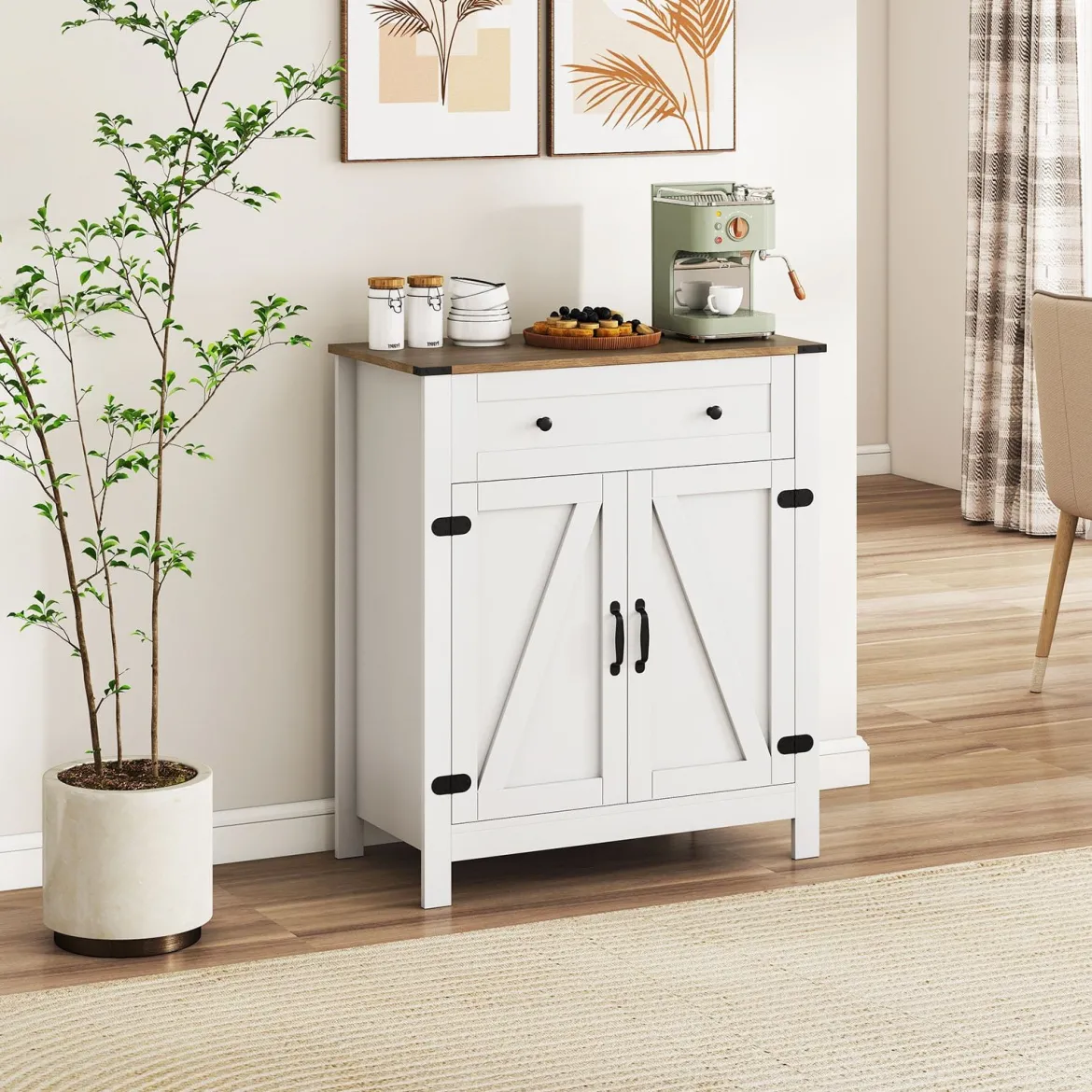 Landhaus-Sideboard mit Türen & Schublade & verstellbarem Regal Buffetschrank Küchenschrank
