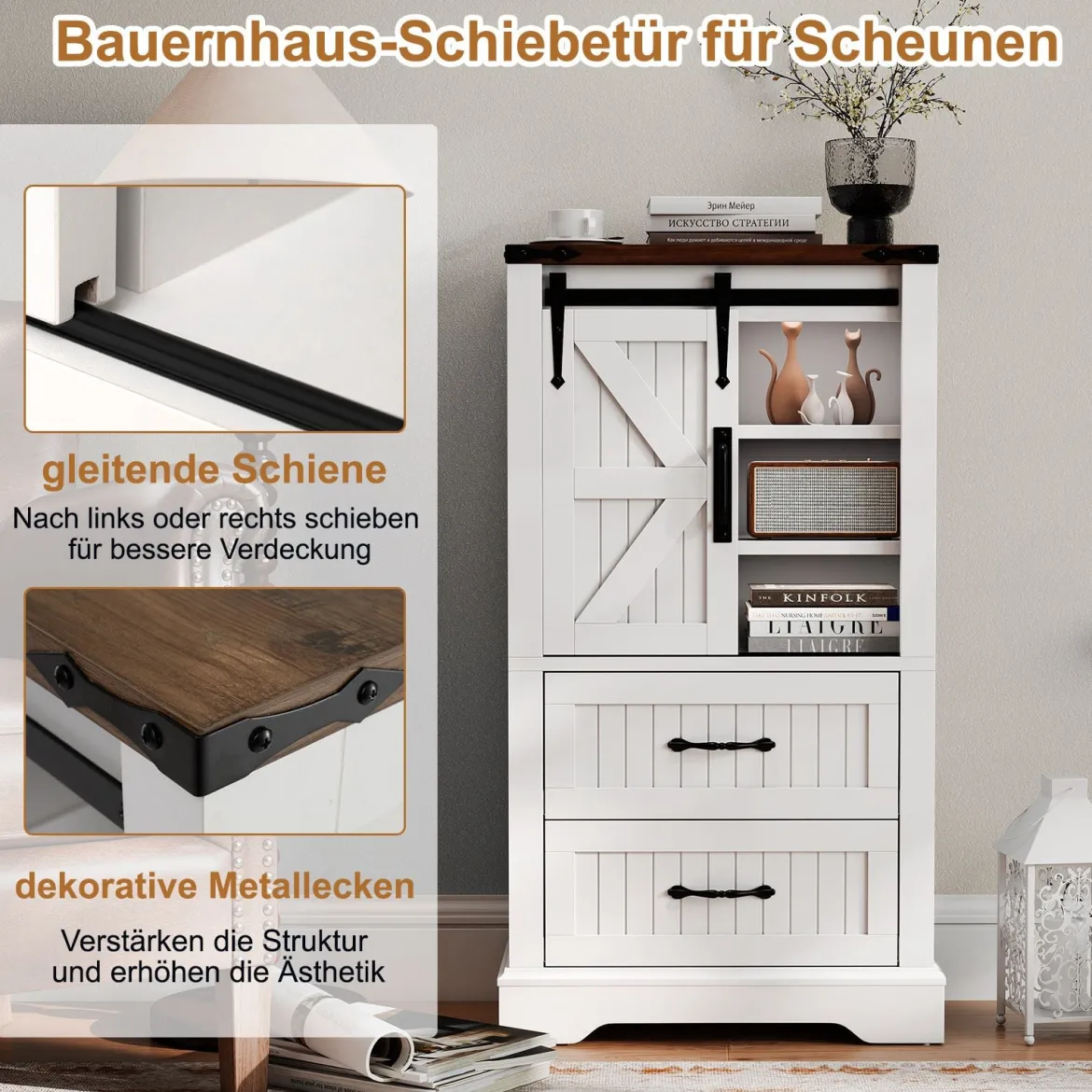 Landhausstil Badezimmer Bodenschrank Aufbewahrungsschrank mit verschiebbarer Scheunentür verstellbare Regale Weiß
