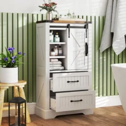 Landhausstil Badezimmer Bodenschrank Aufbewahrungsschrank mit verschiebbarer Scheunentür verstellbare Regale Weiß
