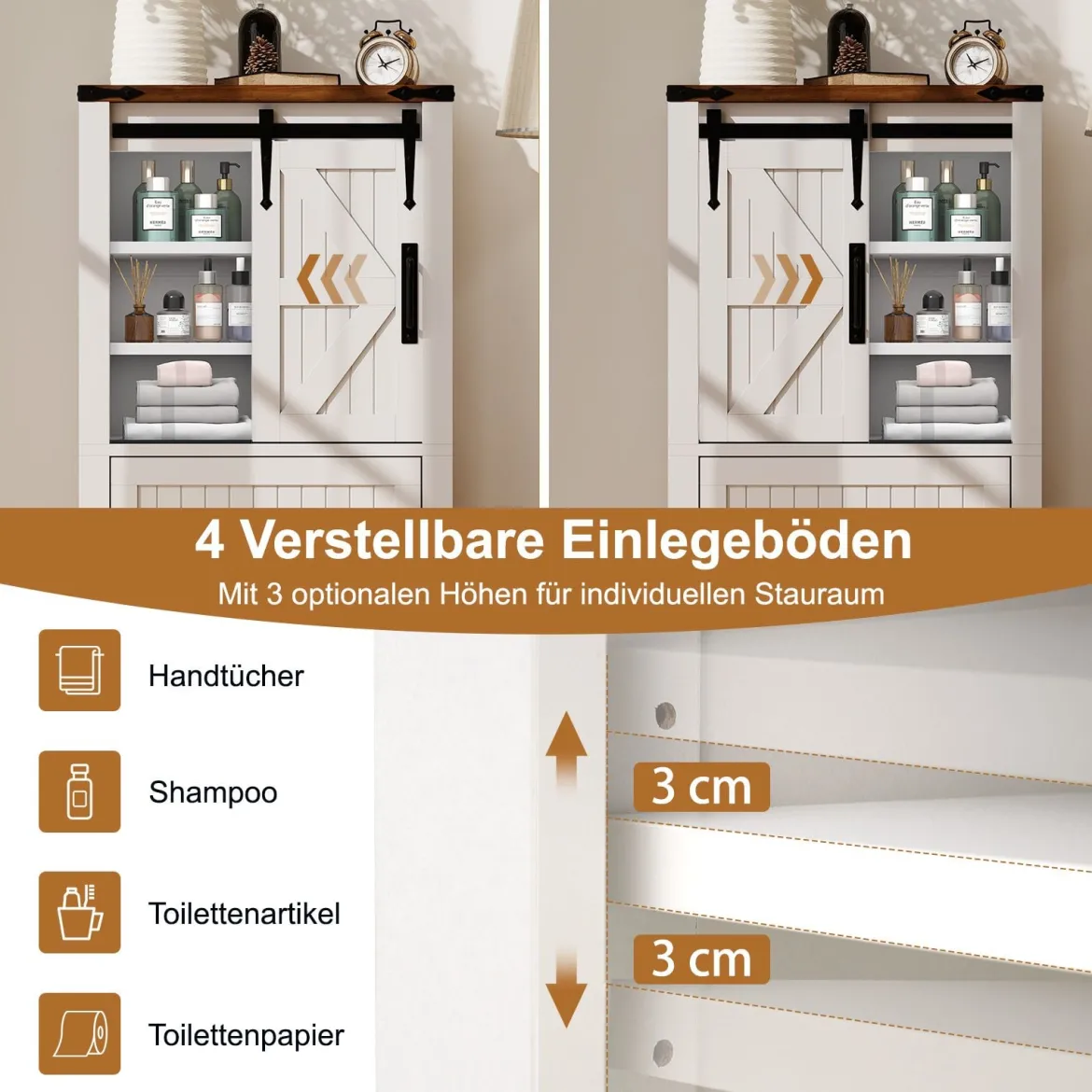 Landhausstil Badezimmer Bodenschrank Aufbewahrungsschrank mit verschiebbarer Scheunentür verstellbare Regale Weiß